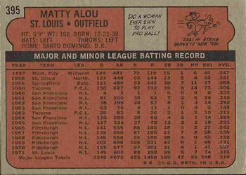 1972 Topps #395 Matty Alou Back
