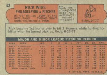 1972 Topps #43 Rick Wise Back