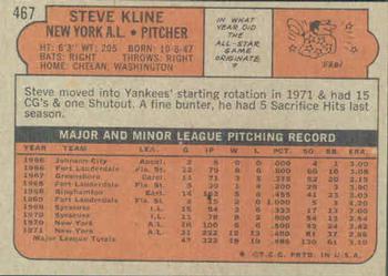 1972 Topps #467 Steve Kline Back