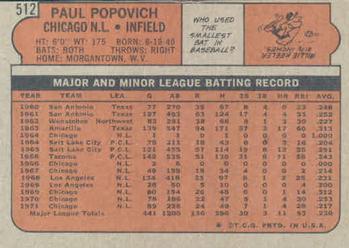 1972 Topps #512 Paul Popovich Back