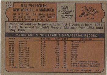 1972 Topps #533 Ralph Houk Back