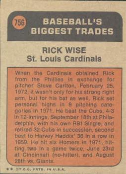 1972 Topps #756 Rick Wise Back