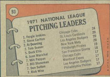 1972 Topps #93 1971 N.L. Pitching Leaders (Fergie Jenkins / Steve Carlton / Al Downing / Tom Seaver) Back
