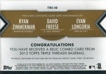 2012 Topps Triple Threads - Relic Combos Gold #TTRC-48 Ryan Zimmerman / David Freese / Evan Longoria Back