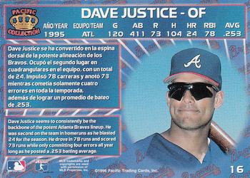 1996 Pacific Crown Collection #16 Dave Justice Back