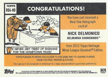 2012 Topps Heritage Minor League - Real One Autographs #ROA-ND Nick Delmonico Back