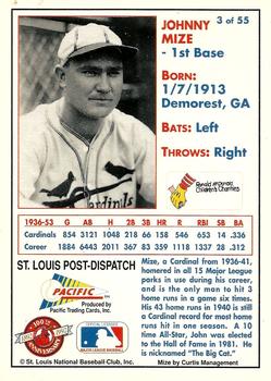 1992 Pacific McDonald's St. Louis Cardinals #3 Johnny Mize Back