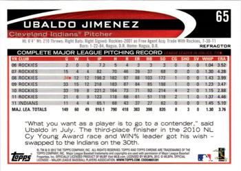 2012 Topps Chrome - Orange Refractors #65 Ubaldo Jimenez Back