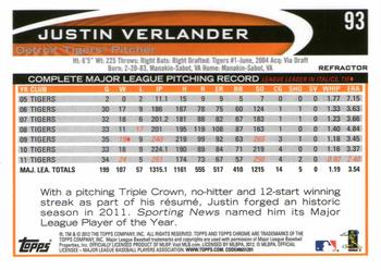 2012 Topps Chrome - Orange Refractors #93 Justin Verlander Back