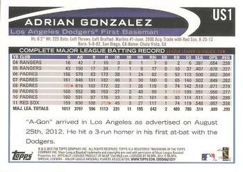 2012 Topps Update #US1 Adrian Gonzalez Back