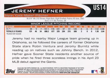 2012 Topps Update #US14 Jeremy Hefner Back