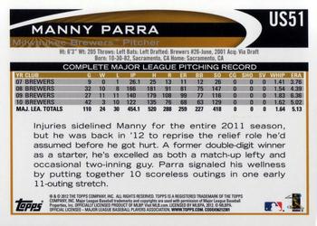 2012 Topps Update #US51 Manny Parra Back