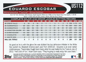 2012 Topps Update #US112 Eduardo Escobar Back