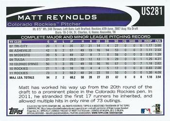 2012 Topps Update #US281 Matt Reynolds Back