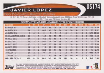 2012 Topps Update #US174 Javier Lopez Back