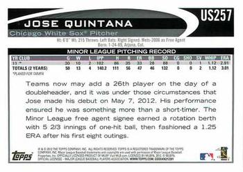 2012 Topps Update #US257 Jose Quintana Back