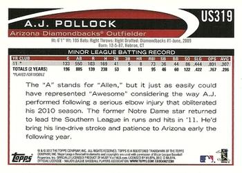 2012 Topps Update #US319 A.J. Pollock Back