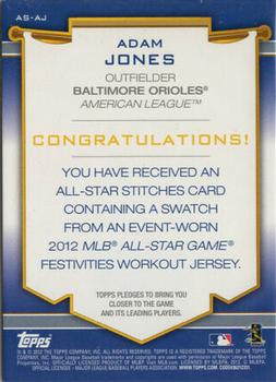 2012 Topps Update - All-Star Stitches #AS-AJ Adam Jones Back