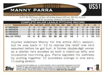 2012 Topps Update - Gold #US51 Manny Parra Back