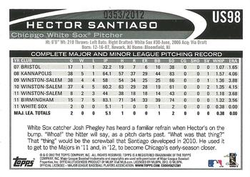 2012 Topps Update - Gold #US98 Hector Santiago Back