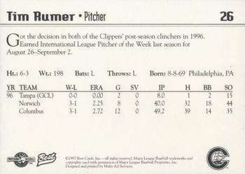 1997 Best Columbus Clippers #26 Tim Rumer Back