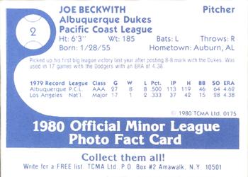 1980 TCMA Albuquerque Dukes #2 Joe Beckwith Back