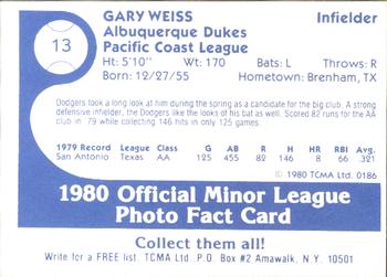 1980 TCMA Albuquerque Dukes #13 Gary Weiss Back