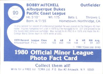 1980 TCMA Albuquerque Dukes #20 Bobby Mitchell Back