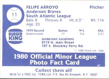1980 TCMA Anderson Braves #11 Felipe Arroyo Back
