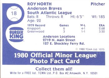 1980 TCMA Anderson Braves #18 Roy North Back