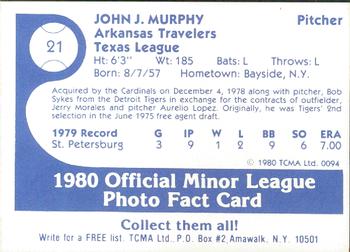 1980 TCMA Arkansas Travelers #21 John Murphy Back