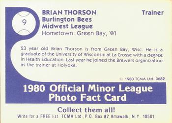 1980 TCMA Burlington Bees #9 Brian Thorson Back