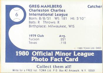 1980 TCMA Charleston Charlies #6 Greg Mahlberg Back