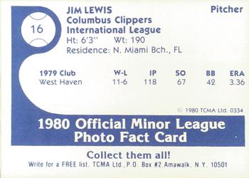 1980 TCMA Columbus Clippers #16 Jim Lewis Back