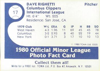 1980 TCMA Columbus Clippers #17 Dave Righetti Back