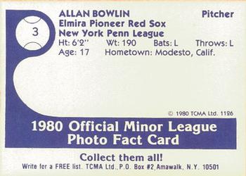 1980 TCMA Elmira Pioneer Red Sox #3 Allan Bowlin Back
