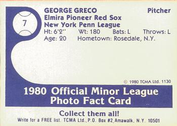 1980 TCMA Elmira Pioneer Red Sox #7 George Greco Back
