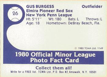 1980 TCMA Elmira Pioneer Red Sox #26 Gus Burgess Back