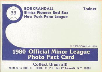 1980 TCMA Elmira Pioneer Red Sox #33 Bob Crandall Back
