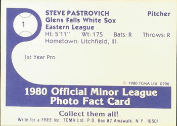 1980 TCMA Glens Falls White Sox B/W #1 Steve Pastrovich Back
