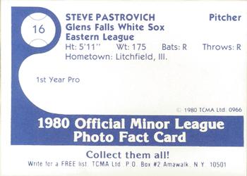1980 TCMA Glens Falls White Sox Color #16 Steve Pastrovich Back