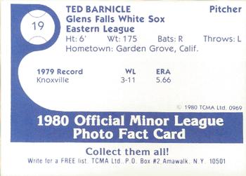 1980 TCMA Glens Falls White Sox Color #19 Ted Barnicle Back