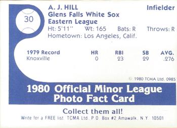1980 TCMA Glens Falls White Sox Color #30 A.J. Hill Back