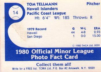 1980 TCMA Hawaii Islanders #14 Tom Tellmann Back