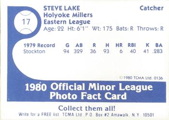 1980 TCMA Holyoke Millers #17 Steve Lake Back