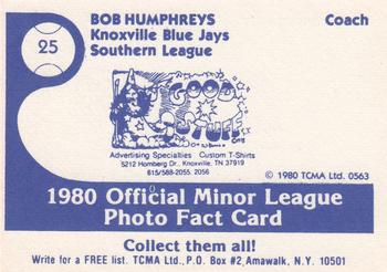 1980 TCMA Knoxville Blue Jays #25 Bob Humphreys Back