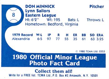 1980 TCMA Lynn Sailors #8 Don Minnick Back