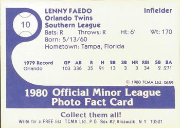 1980 TCMA Orlando Twins #10 Lenny Faedo Back