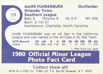 1980 TCMA Orlando Twins #19 Mark Funderburk Back