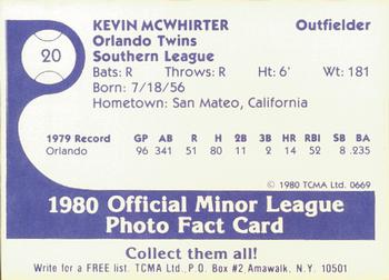 1980 TCMA Orlando Twins #20 Kevin McWhirter Back